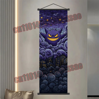Pokémon Anime Wall Poster – Gengar Eevee Pikachu Scroll Painting Retro Canvas Artwork for Home Decor