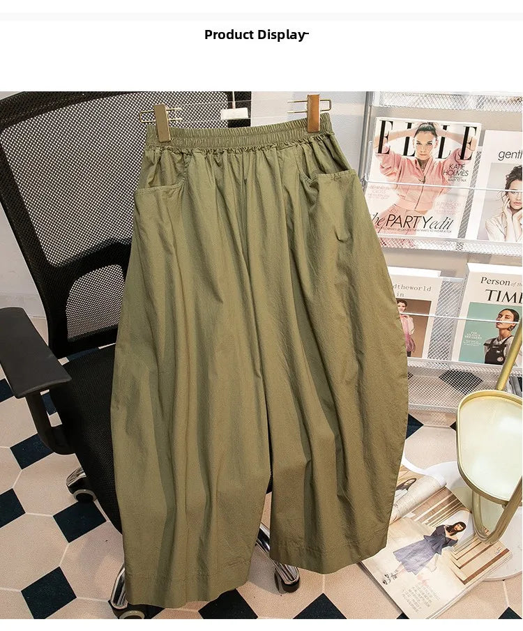 Pantalones sueltos de pierna ancha de talle alto cómodos e informales para mujer de talla grande, estilo retro japonés, pantalones de farol