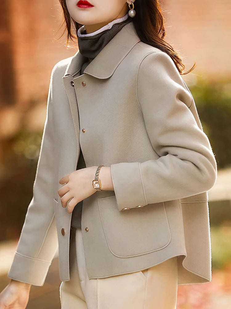 Women’s Classic Short Wool Coat – Solid Color Button-Up Jacket, Warm Autumn & Winter Fashion Outerwear