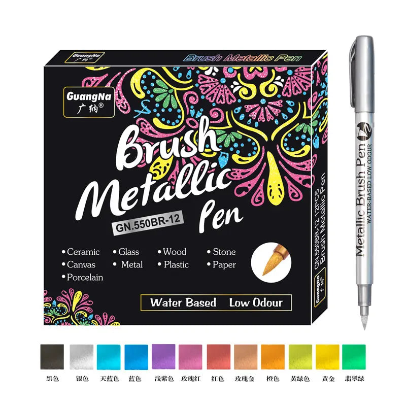 12 Colors Metallic Marker Pens – Shimmer Paint Markers for Black Paper, Glass, Rock Painting, DIY Crafts, Scrapbooking & Student Art Supplies