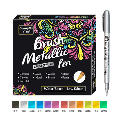 12 Colors Metallic Marker Pens – Shimmer Paint Markers for Black Paper, Glass, Rock Painting, DIY Crafts, Scrapbooking & Student Art Supplies