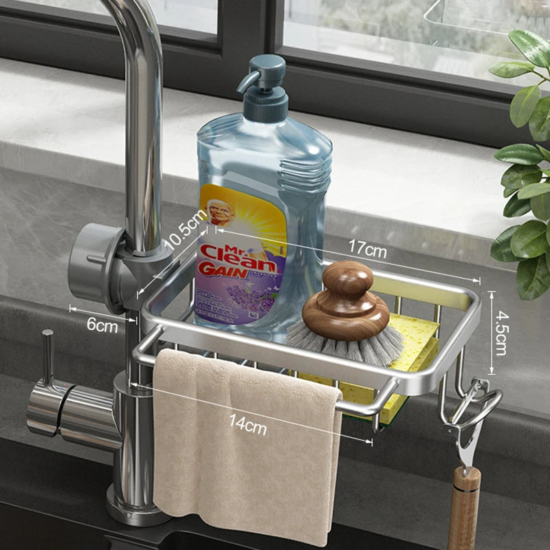 Aluminum Sink Caddy Sponge Holder Faucet Storage Rack Soap Drain Organizer for Kitchen & Bathroom