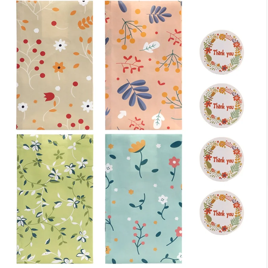 12/24PCS Plant Pattern Kraft Paper Gift Bags with Stickers for Candy, Cookies, Bakery Treats & Gift Packaging