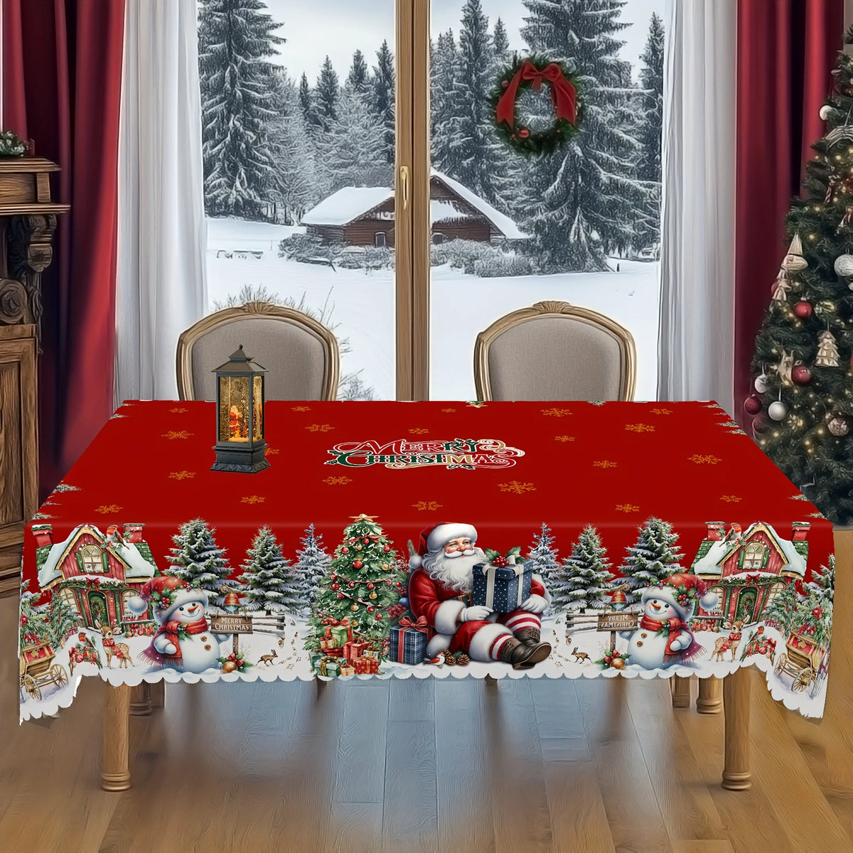 Christmas Santa Claus Snowman Tablecloth – Winter Snowflake Dining Table Cover for Kitchen, Home & Holiday Decor