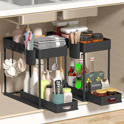 2-Tier Kitchen Sink Organizer – Sliding Cabinet Basket with Hooks & Cups for Space-Saving Storage