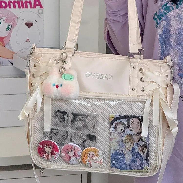 Bolso Bandolera con Lazo Estilo Universitario – Bolso de Hombro de Gran Capacidad para Chicas, Bolso Ita de Moda JK, Bolso de Mano con Acento de Lazo para Libros Escolares, Material Escolar y Uso Diario