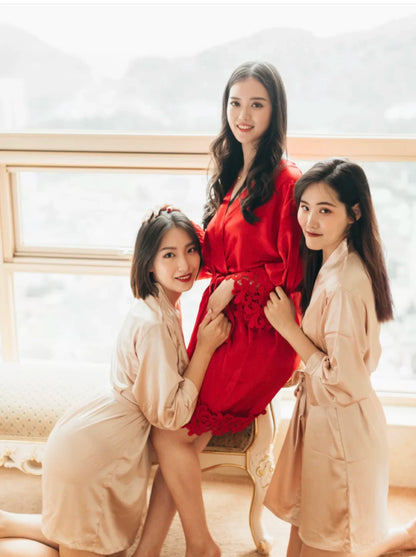 Women’s Summer Lace Kimono Robe – Bride & Bridesmaid Wedding Sleepwear Embroidered Bathrobe Night Dress