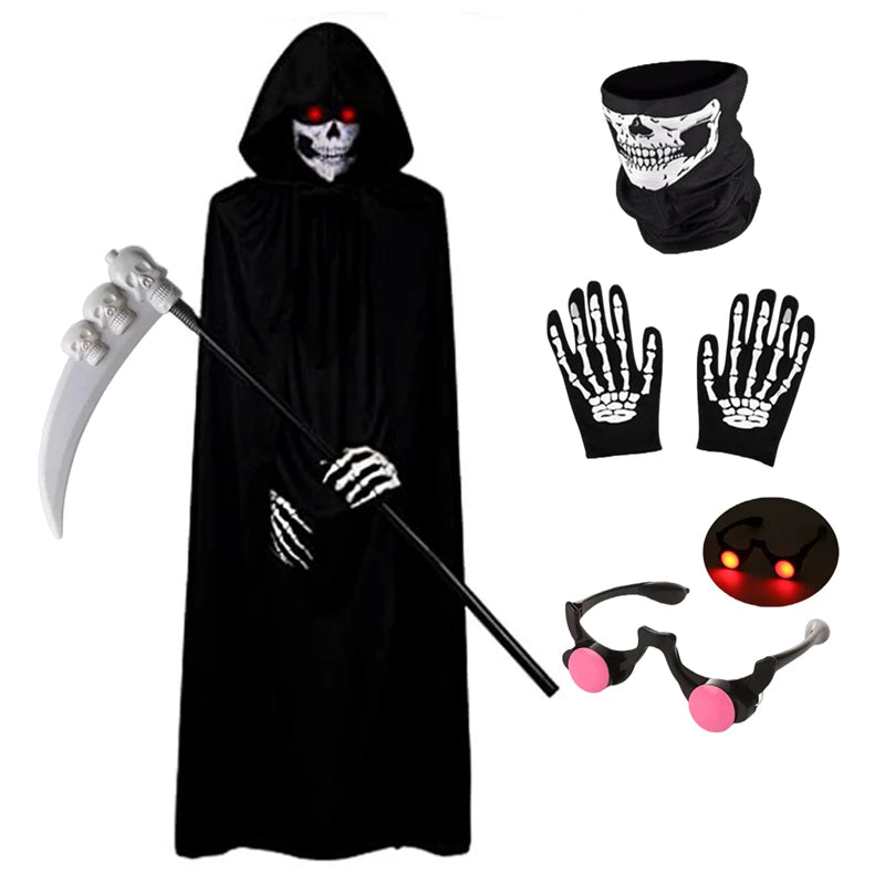Kids’ Grim Reaper Halloween Costume – Scary Robe Outfit with Glowing Red Eyes, Mask & Gloves for Boys, Halloween Parties & Dress-Up
