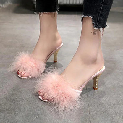 Women’s Feather Fur Peep Toe Mules – Thin High Heel Slip-On Sandals & Slides, Elegant Summer Pumps in Big Sizes