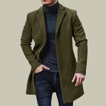 Men’s Mid-Length Woolen Overcoat – Solid Color Warm Coat, Classic Windbreaker-Style Outerwear Available in Multiple Colors