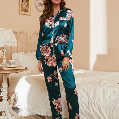 Women's Satin Pajama Set – 2-Piece Long Sleeve Button-Up Top & Pants, Soft Autumn Sleepwear & Loungewear