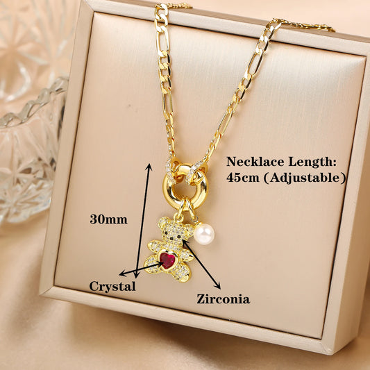 High Quality Shiny Crystal Zirconia Cute Bear Pendant Necklace Choker for Women Girls Holiday Collarbone Chain Gift