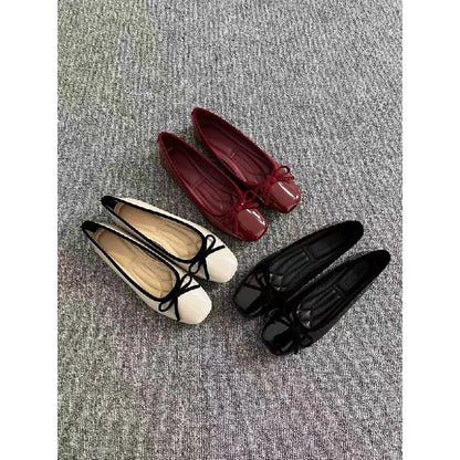 Women's Patent Leather Ballet Flats – Square Toe Bow Slip-On Shoes, Soft Sole Casual Flats for Spring & Summer