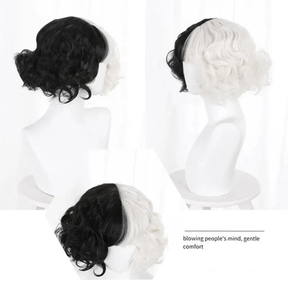 Cruella De Vil Halloween Cosplay Wig – Half Black Half White Short Curly Wig (Danganronpa Style)