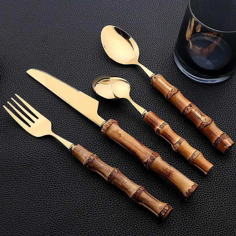 Ensemble de couverts 24 pièces avec manche en bambou – Ensemble de couverts en acier inoxydable avec manches en bois naturel, ustensiles de table pour cuisine, salle à manger, steak et dressages de table