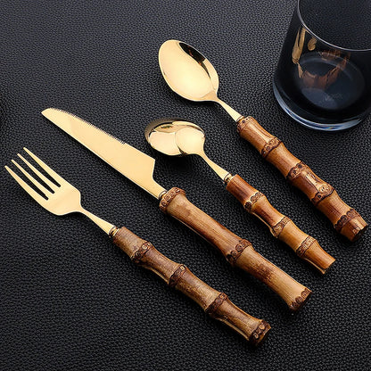 Ensemble de couverts 24 pièces avec manche en bambou – Ensemble de couverts en acier inoxydable avec manches en bois naturel, ustensiles de table pour cuisine, salle à manger, steak et dressages de table