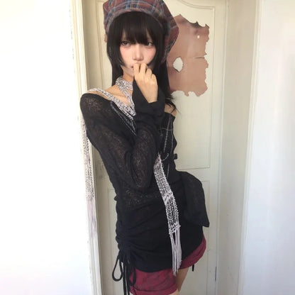 Karrram Japanese Y2K Knitted Top Grunge Tattoo Print Long Sleeve Ribbed Vintage Harajuku 2000s Gothic T-Shirt