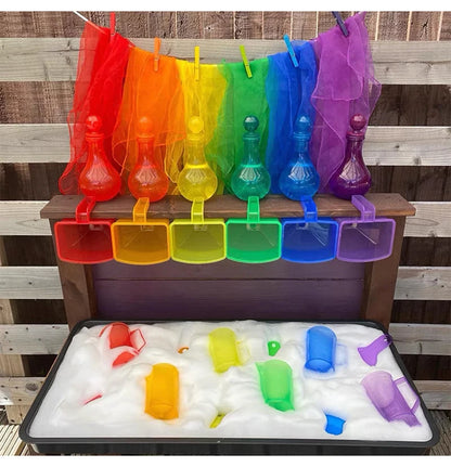 Kit de jeu sensoriel Montessori sable et eau – Jouet d'apprentissage STEM ouvert avec gobelets doseurs arc-en-ciel, entonnoirs, pelles, pinces et tuyaux, jouet d'activité créative en extérieur pour enfants