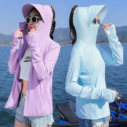 Women's Ice Silk UV Protection Jacket – Lightweight Breathable Long Sleeve Cycling Coat with Hood for Summer Outdoor Sports