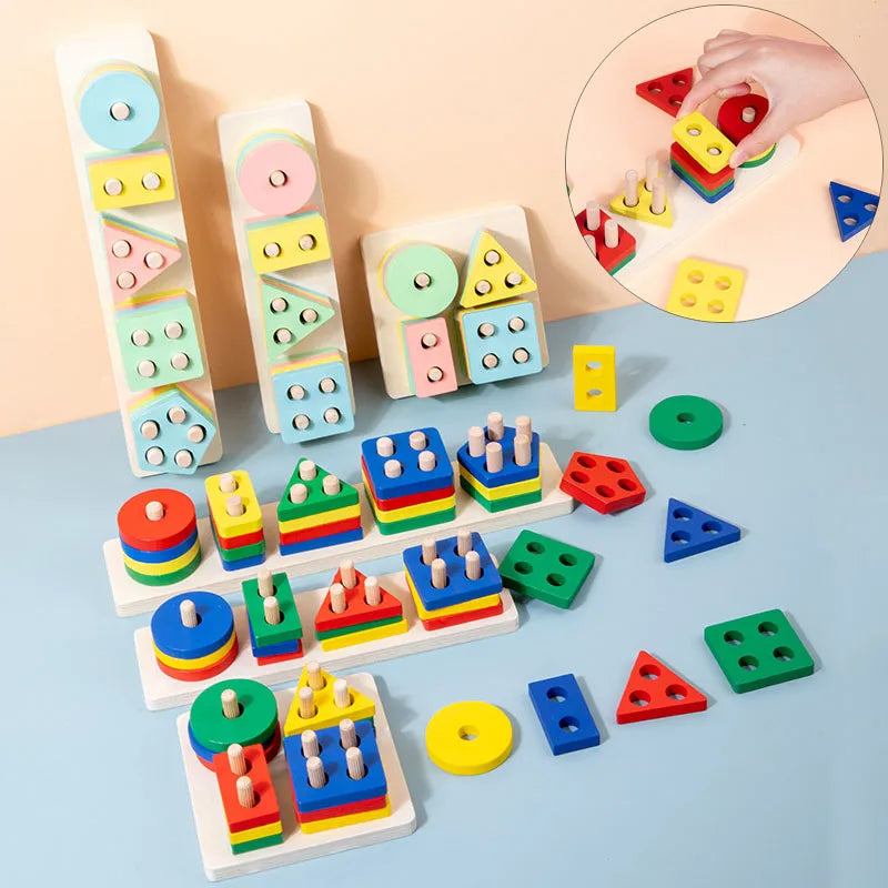 Montessori Wooden Building Blocks Color & Shape Matching Puzzle Educational Toy for Kids