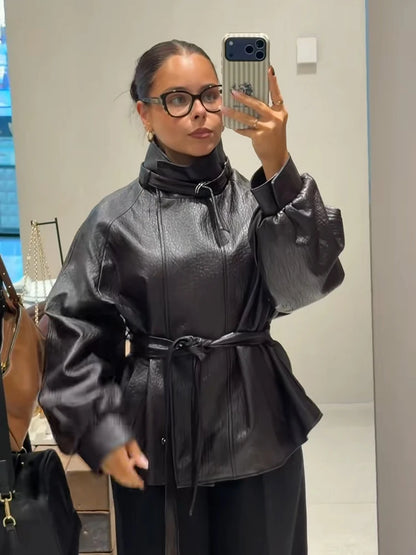 Women’s PU Leather Jacket – High Neck Long-Sleeve Coat with Single-Breasted Closure & Belted Loose Fit, Chic Autumn Outerwear