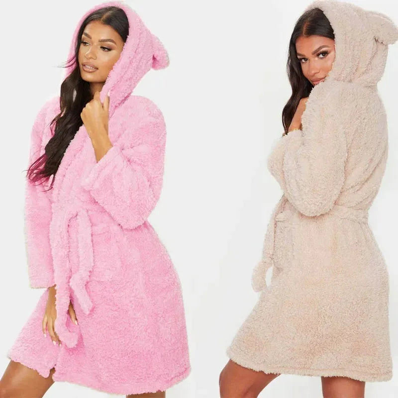 Women's Plush Fleece Hooded Robe – Soft Warm Kimono Bathrobe with Animal Ears, Long Sleeves & Cozy Loungewear