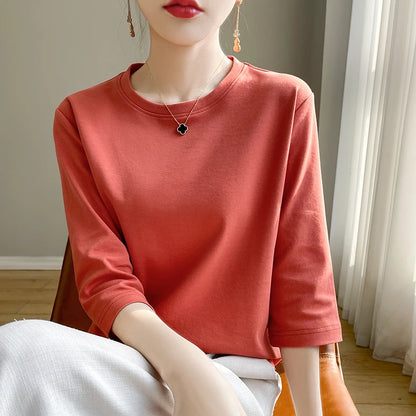 Camiseta de algodón mercerizado para mujer, manga corta, cuello redondo, top básico suave de verano