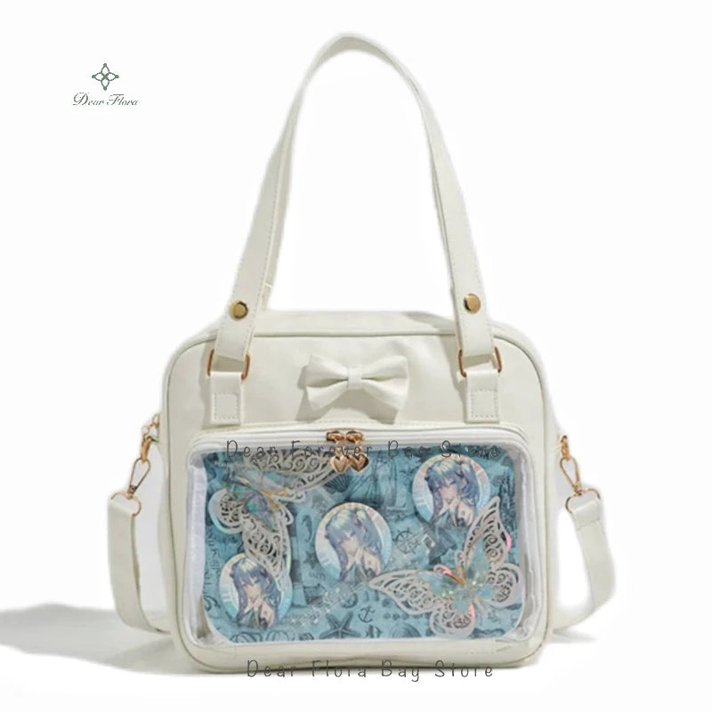 Bolso Y2K lindo con moño Ita – Bolso de hombro transparente para mujer y niña, bolso tote de exhibición de insignias DIY, bolso bandolera de moda Lolita con diseño de moño Kawaii