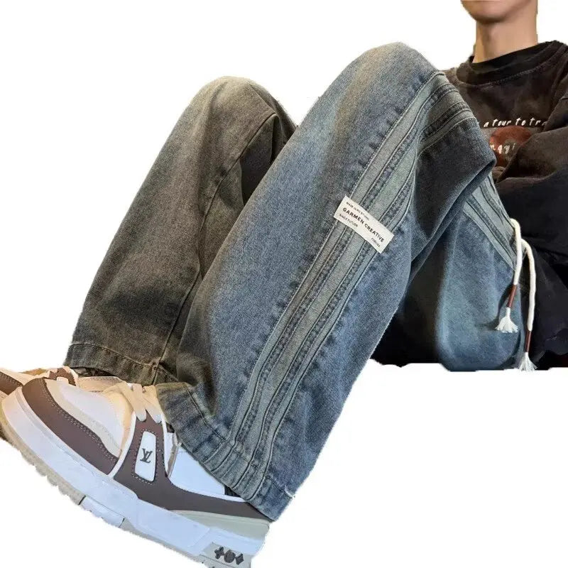 Vaqueros rectos retro para hombre – Pantalones de mezclilla casuales estilo americano de ajuste holgado, con cintura elástica y a la moda urbana