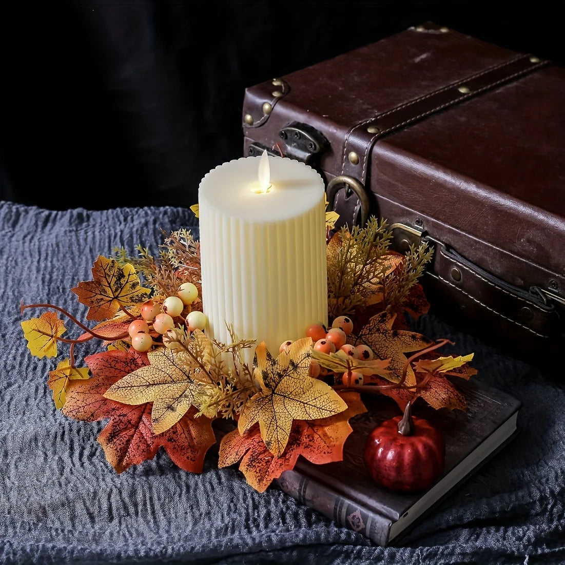 1PC Autumn Harvest Christmas Candle Holder – Faux Maple Leaf Wreath Centerpiece for Holiday Tables, Festive Parties & Home Decor
