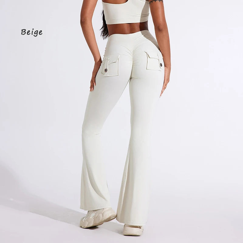 DIAS FIT JOY Pantalon de yoga évasé taille haute pour femme – Legging patte d'éléphant push-up avec poches, pantalon d'entraînement à séchage rapide pour la course, la gym, le fitness et l'exercice