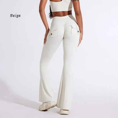 DIAS FIT JOY Pantalon de yoga évasé taille haute pour femme – Legging patte d'éléphant push-up avec poches, pantalon d'entraînement à séchage rapide pour la course, la gym, le fitness et l'exercice