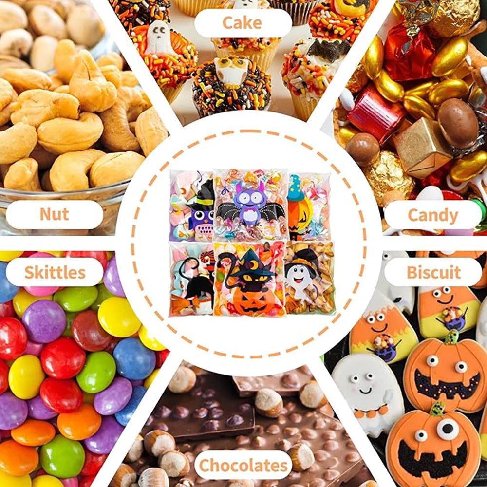 100PCS Halloween Self-Adhesive Treat Bags – Clear Candy & Cookie Packaging Bags for Kids’ Birthday Parties, Party Favors & Gifts