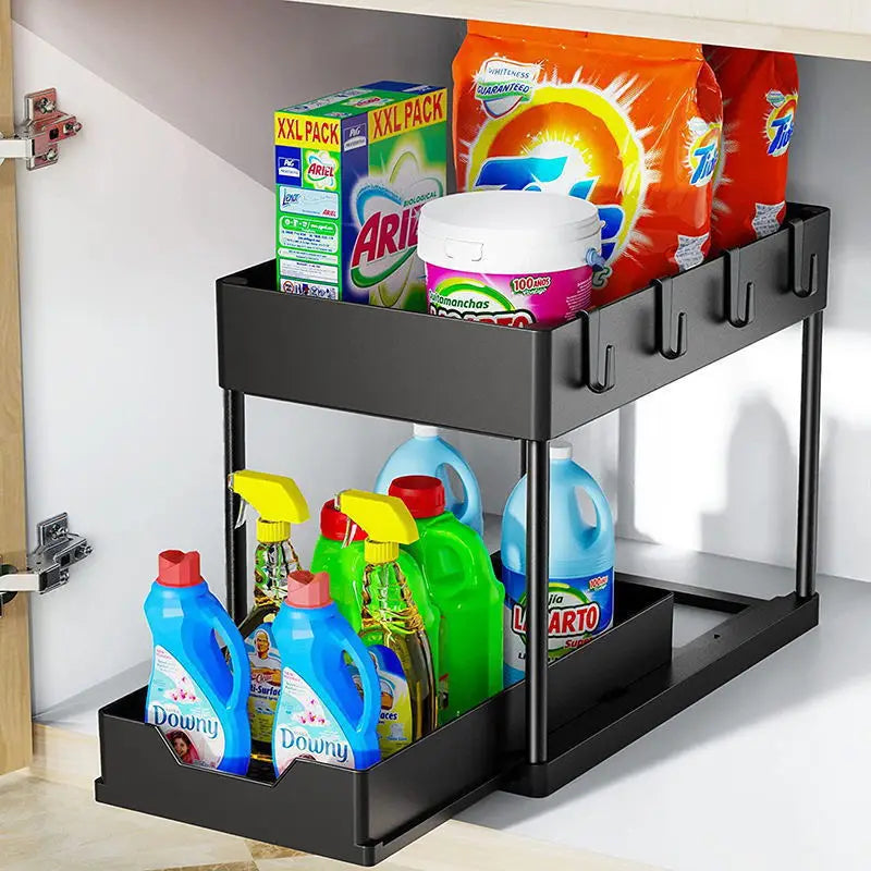 2-Tier Kitchen Sink Organizer – Sliding Cabinet Basket with Hooks & Cups for Space-Saving Storage