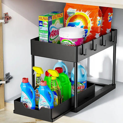 2-Tier Kitchen Sink Organizer – Sliding Cabinet Basket with Hooks & Cups for Space-Saving Storage