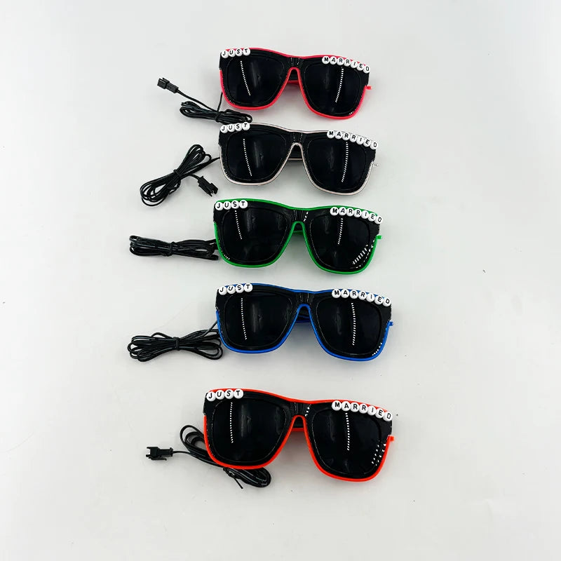 Just Married LED Heart Glasses – Light-Up EL Neon Glasses for Weddings, Engagements & Bridal Showers