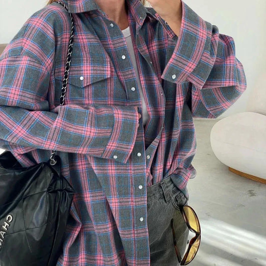 Camisa de cuadros extragrande para mujer, blusa de manga larga con botones y bolsillo, estilo coreano