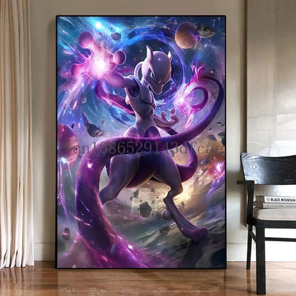 Pokémon Mewtwo HD Canvas Wall Art – Anime Watercolor Poster Print Modern Home Decor