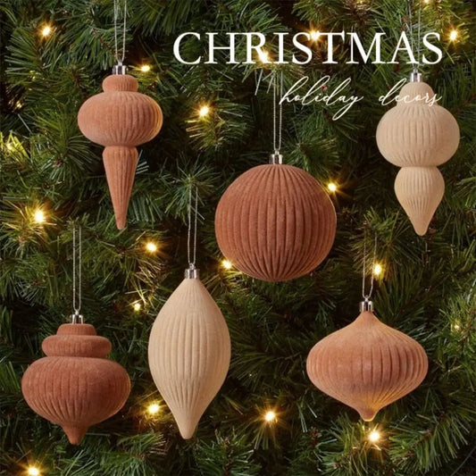 6PCS Velvet Flocked Christmas Ball Ornaments – Special-Shaped Shatterproof Hanging Baubles, Solid Color Reusable Xmas Tree Decor