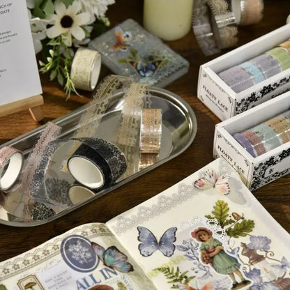 Juego de 6 rollos de cinta washi PET retro de encaje – Cinta adhesiva decorativa para diario, álbum de recortes, bullet journal y manualidades