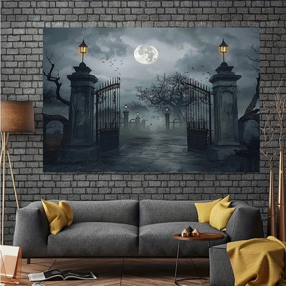 Halloween Background Banner, Spooky Ghost Cemetery Backdrop with Full Moon and Bare Trees, Horror Party Decorations for Halloween Photography and Photo Booths