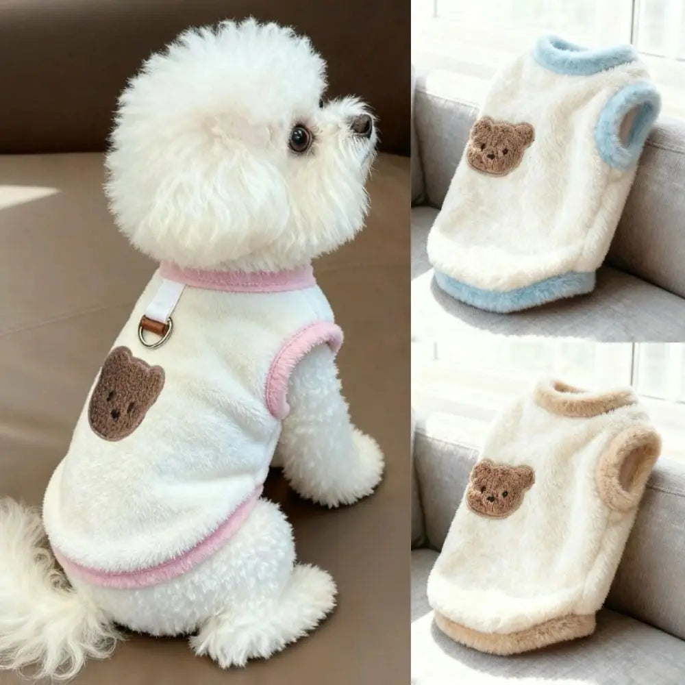 Soft Teddy Bear Dog Sweater – Warm Plush Pet Hoodie with Bear Pattern & Leash Hook, Cozy Cold Weather Clothing for Dogs & Cats