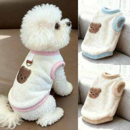 Soft Teddy Bear Dog Sweater – Warm Plush Pet Hoodie with Bear Pattern & Leash Hook, Cozy Cold Weather Clothing for Dogs & Cats