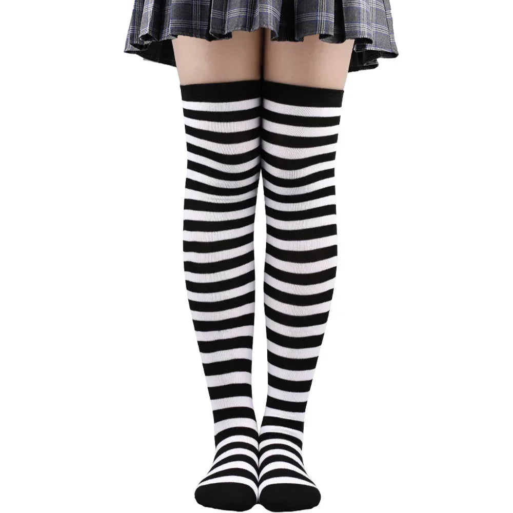 Thigh High Socks Women Over Knee Striped Polka Dot Stockings Black White Pink Lolita Cosplay Harajuku Y2K Kawaii