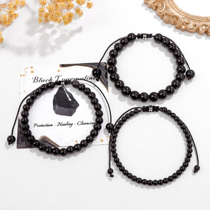 Bracelet perles de tourmaline noire naturelle – Bracelet ajustable tressé en corde avec carte cadeau pour hommes et femmes