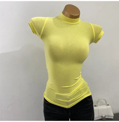 Half High Collar Korean T-Shirt – Transparent Short Sleeve Slim Fit Elastic Inner Top, Solid Color Bottoming Shirt for Women, Stylish Layering & Fashion Casual Wear