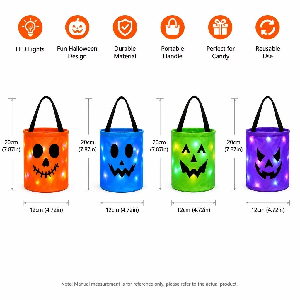 Halloween LED Pumpkin Candy Bucket, Luminous Handheld Fabric Trick or Treat Bag, Light Up Candy Basket for Kids, Halloween Party Decorations and Holiday Gifts