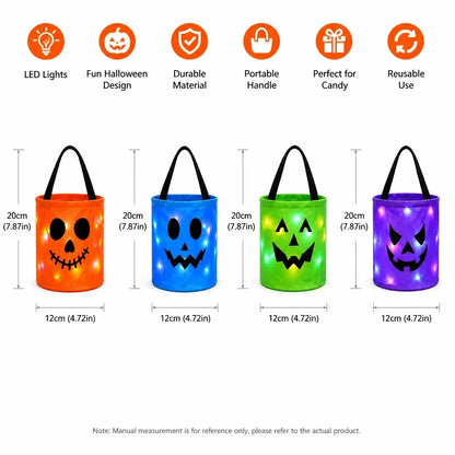 Halloween LED Pumpkin Candy Bucket, Luminous Handheld Fabric Trick or Treat Bag, Light Up Candy Basket for Kids, Halloween Party Decorations and Holiday Gifts