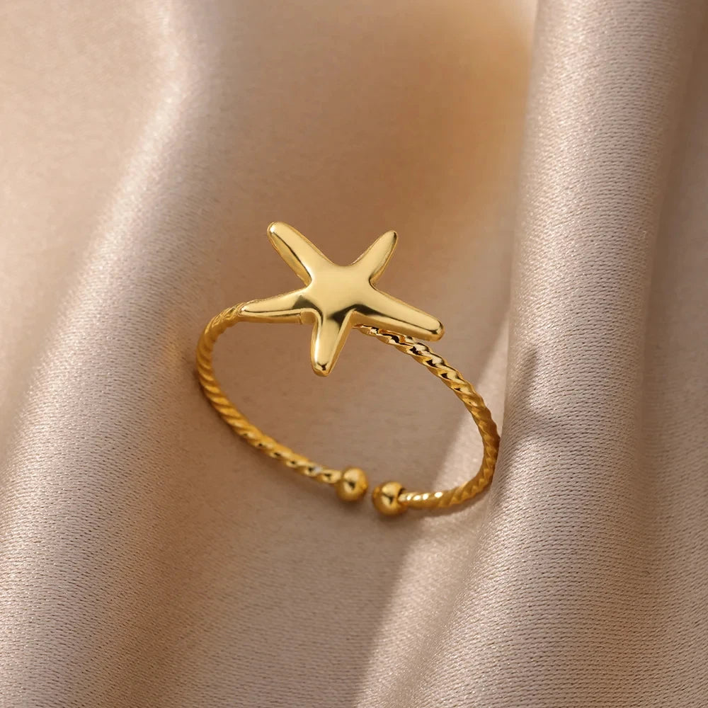 Gold Stainless Steel Starfish & Shell Ring – Adjustable Waterproof Beach-Inspired Ring for Women