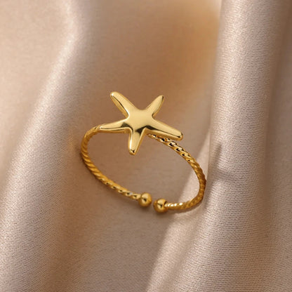 Gold Stainless Steel Starfish & Shell Ring – Adjustable Waterproof Beach-Inspired Ring for Women